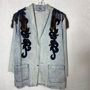 Eclectic VTG Acid Wash Denim Jacket Fur Trim Beaded Sequin Embellished 80s *Read